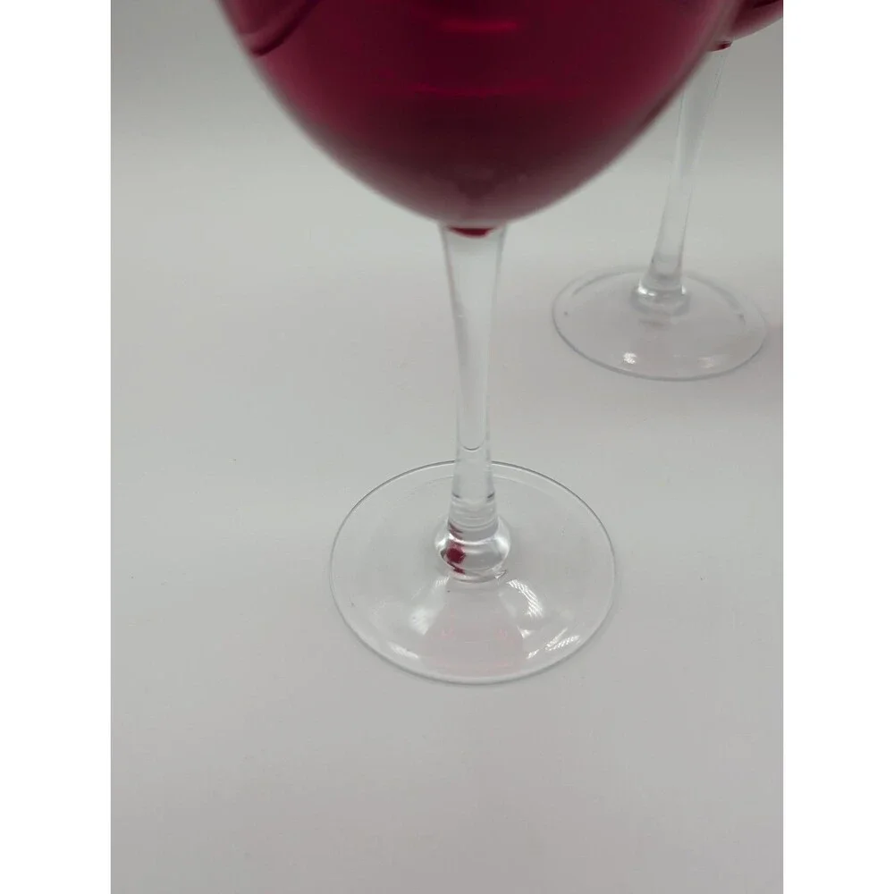 2 Vtg Holiday Red Water Wine Goblets Glasses Clear Stem